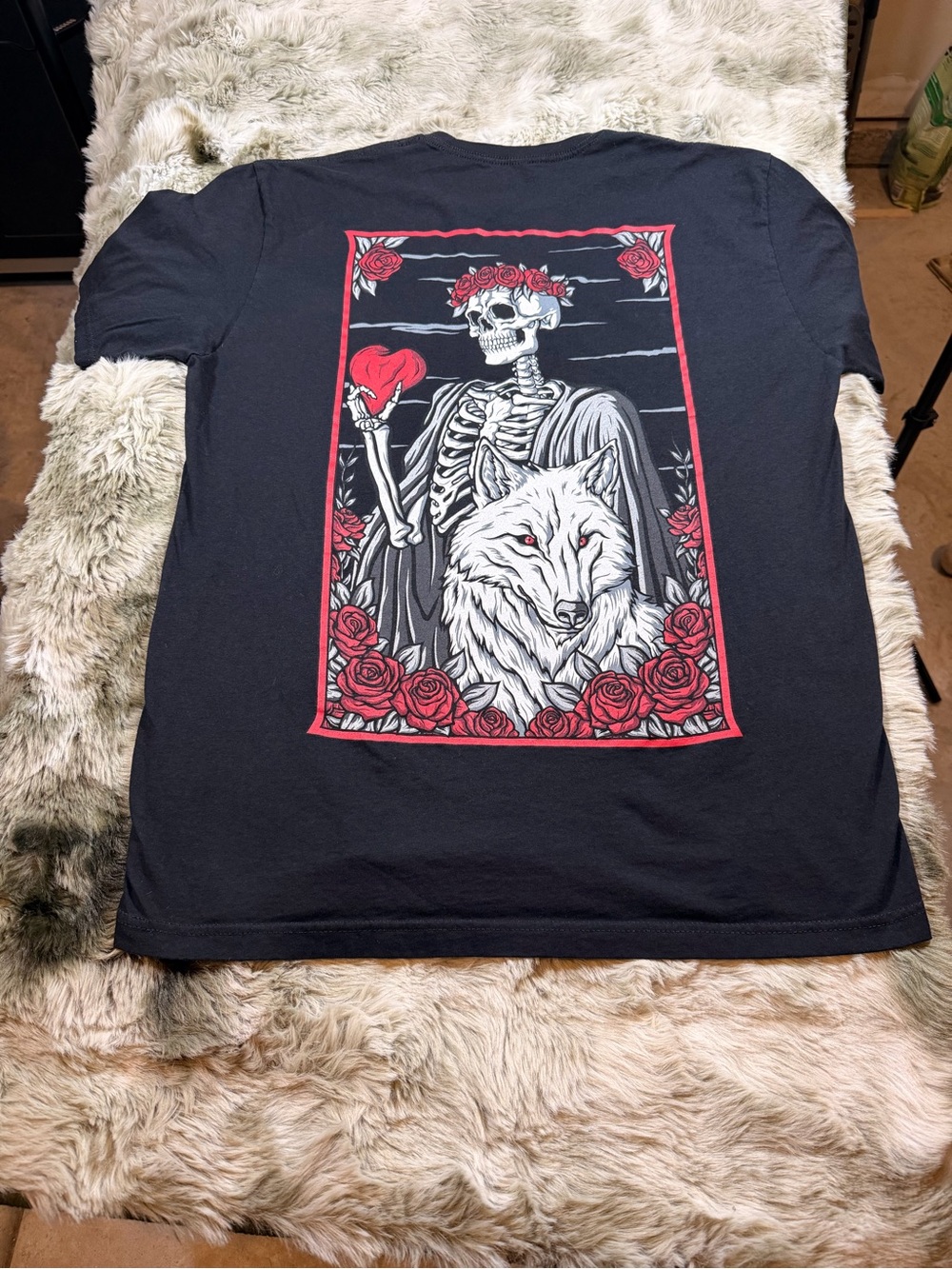 Defcon Canine XL Black Graphic Skull & Wolf Tee with Red Accents